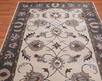 Hand Tufted Wool Area Rug In Ivory And Charcoal Floral Border Traditional Style Rug