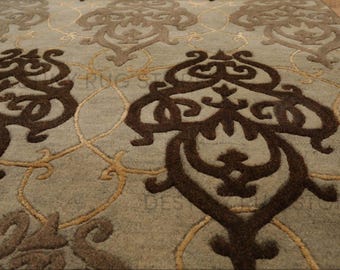 Hand Tufted Wool Area Rug In Cream And Brown Damask Pattern Handmade Traditional Modern Living Room Rug