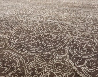 Hand Tufted Wool Area Rug In Taupe And Ivory With Vintage Medallion Circular Pattern, Handmade Neutral Traditional Living Room Rug