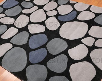 Hand Tufted Wool Area Rug In Black And Grey Pebble Pattern Handmade Modern Abstract Stone Design Living Room Bedroom Floor Rug