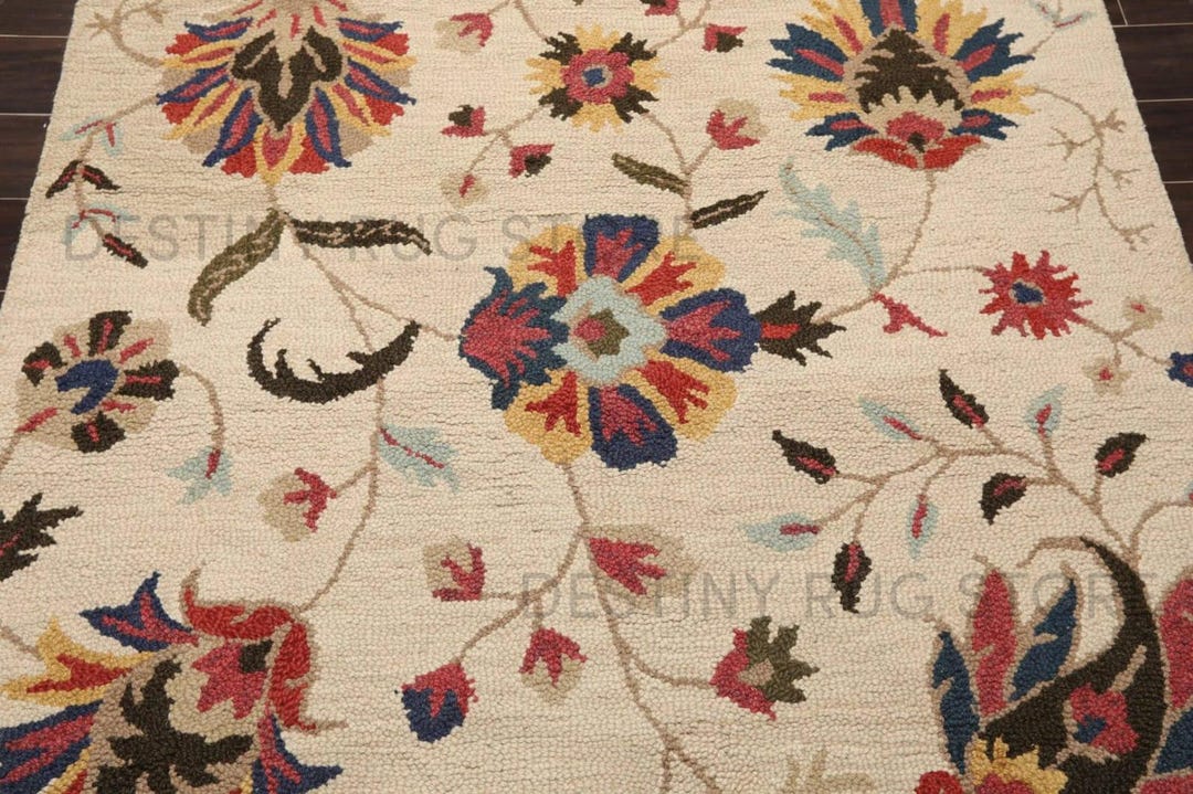 Hand Tufted Wool Area Rug in Ivory With Multicolor Floral Pattern ...