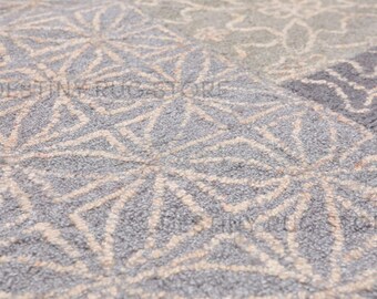 Hand Tufted Wool Area Rug In Muted Blue And Soft Grey Patchwork Pattern, Handmade Modern Geometric Living Room Bedroom Rug