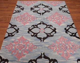 Tapis décoratif en laine touffeté à la main, bleu doux, rose et noir, tapis en laine à motif transitionnel fait main pour salon et chambre à coucher