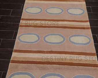 Hand Tufted Wool Area Rug In Blush Pink And Rust Stripe With Soft Blue Oval Pattern, Handmade Modern Living Room Bedroom Rug