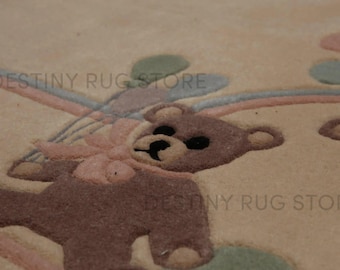 Hand Tufted Kids Wool Area Rug In Soft Cream And Pastel Blue With Teddy Bear Balloon Border Design Handmade Nursery And Playroom Rug