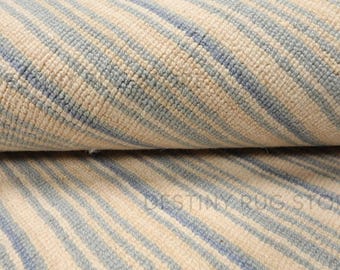 Hand Tufted Wool Area Rug In Ivory With Soft Blue And Beige Stripe Pattern, Handmade Minimal Wool Rug For Living Room And Bedroom