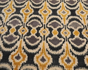 Hand Tufted Wool Area Rug In Charcoal Grey Mustard And Ivory Ikat Pattern Handmade Modern Decorative Living Room Bedroom Rug