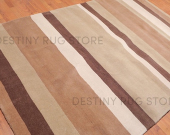 Hand Tufted Wool Area Rug In Warm Beige And Chocolate Brown Striped Pattern Handmade Modern Minimal Living Room Rug