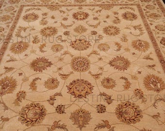 Hand Tufted Wool Area Rug In Warm Beige And Antique Floral Border Design, Handmade Traditional Living Room Bedroom Rug