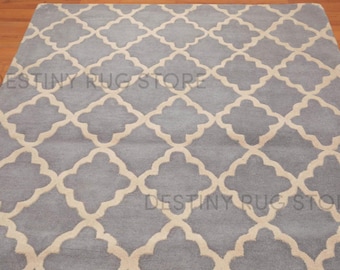 Hand Tufted Wool Area Rug In Soft Grey And Ivory Moroccan Trellis Pattern Handmade Modern Geometric Living Room Bedroom Floor Rug
