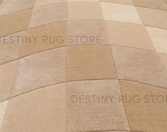 Hand Tufted Wool Area Rug In Beige And Cream Curved Check Pattern Handmade Modern Living Room Bedroom Rug