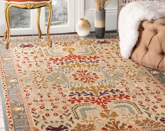 Hand Tufted Wool Area Rug With Floral Tree Of Life Pattern In Beige Multicolor, Traditional Handmade Tufted Rug