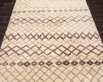 Hand Tufted Wool Area Rug In Cream And Brown Tribal Diamond Pattern Handmade Modern Neutral Living Room Rug