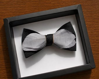 Black & Grey Feather Bow Tie, Handcrafted Wedding Bow Tie, Adjustable Formal Neckwear