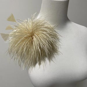 May include: A cream-coloured feather accent, possibly for a hat or garment, is displayed on a mannequin. The accent features a central cluster of long, soft feathers and several smaller, flat feather accents. The overall shape is round and fluffy.