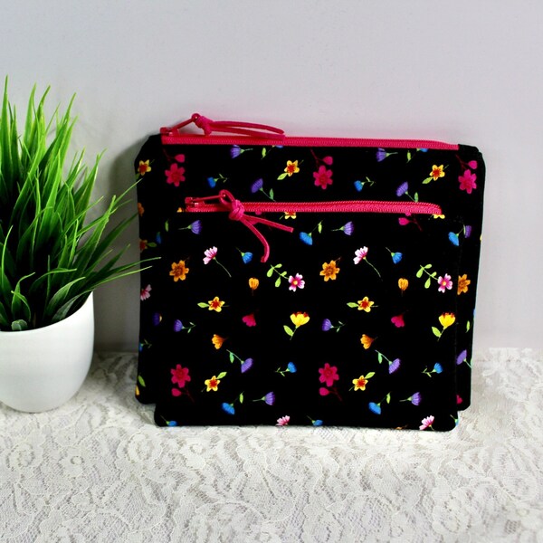 Cosmetic Bags Set of 2, Makeup Bag, Zipper Top Bags, Floral, Travel Case, Zipper Top, Mother's Day Gift, Ready To Ship