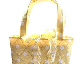 Bolso de mano acolchado hecho a mano, ideal para llevar la Biblia o libros, con lunares amarillos.