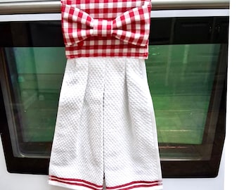 Hanging Kitchen Towel, Red Gingham Bow, Farmhouse Kitchen