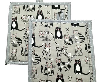 Juego de 12 agarraderas acolchadas, diseño de gatos grises, 8,5" x 8,5"