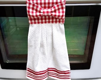 Hanging Kitchen Towel, Red Gingham Bow, Farmhouse Kitchen
