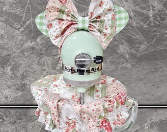 Juego de tapa y lazo para batidora KitchenAid, patchwork rosa y verde, decoración de cocina de algodón hecha a mano, regalo para mamá