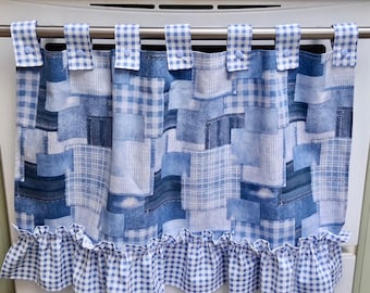 Retro Oven Curtain, Blue Patchwork, Farmhouse Kitchen Decor, CottageCore
