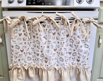 Retro Oven Curtain, Farmhouse Kitchen Decor, CottageCore, Chickens