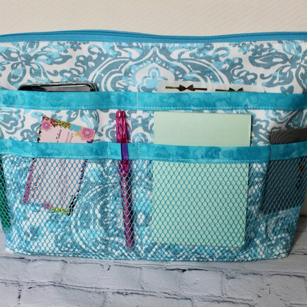 Purse Organizer Insert, 12 Pockets, Top Zipper Closing, Handbag Organizer, Turquoise Print, Ready To Ship