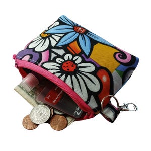 Floral small zipper coin pouch, keyring ID Holder bag, earbud pouch, gift for her