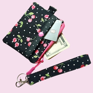 ID Case Wristlet, Cherry Print, Grab and go wallet, Gift idea for her, Zipper pouch, Key fob, Ready to Ship