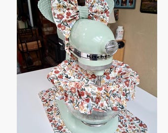Juego de 4 piezas de tapa para tazón de batidora KitchenAid y tapete deslizante, decoración floral para la cocina, regalo para ella, hecho a mano.