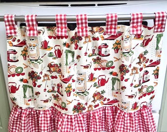 Retro Oven Curtain, Farmhouse Kitchen Decor, CottageCore, Red Retro Print