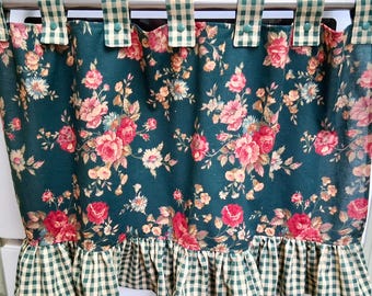 Retro Oven Curtain, Green and Pink Floral, Farmhouse Kitchen Decor, CottageCore