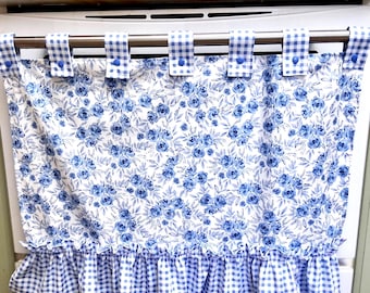 Retro Oven Curtain, Farmhouse Kitchen Decor, CottageCore, Blue and white Floral