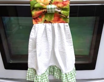 Hanging Kitchen Towel with Bow, Green Gingham Ruffle, Farmhouse Kitchen