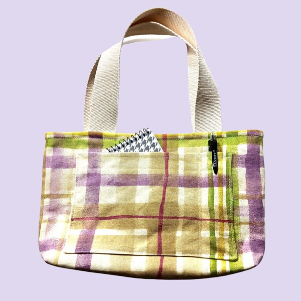 NEW! Bible, Planner or Book Bag Tote in Pastel Plaid Print, Book Cover, Gift for Mom, Devotional Bag