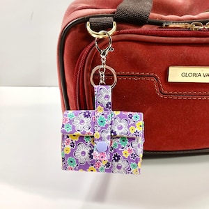 Cute Keychain Pouch, Earbud Pouch, Purse Charm, Bag Charm, Purple Floral, Stocking Stuffer
