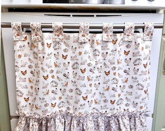 Retro Oven Curtain, Farmhouse Kitchen Decor, CottageCore, Chickens