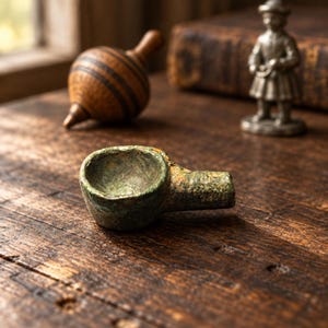 May include: A small, weathered bronze-toned pipe bowl with a textured, oxidized green patina. The object features a circular, concave basin and a short, cylindrical stem extending to the side, showcasing a rustic, aged metal finish throughout.