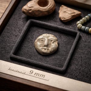 Puede incluir: Una colección de artefactos antiguos exhibidos en una bandeja de madera. El punto focal es un pequeño artefacto redondo con forma de rostro dentro de un marco cuadrado. Otros elementos incluyen fragmentos de cerámica y un collar de cuentas. Una regla muestra una medida de 9 mm.