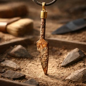 May include: A rusty, arrowhead-shaped pendant hangs from a black cord. The pendant has a gold-colored cap and is set against a backdrop of sand and small stones, suggesting an archaeological context. The arrowhead is a warm brown color.