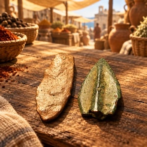 May include: Two ancient artifacts resting on a wooden surface. One is an elongated, textured, golden-brown metal ingot. The other is a pointed, leaf-shaped, weathered green bronze object with a central ridge, resembling an ancient spearhead.