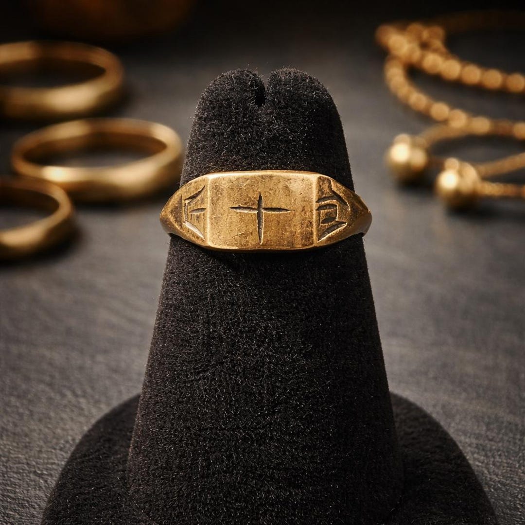 Medieval Bronze Signet Ring With Crucifix or Cross, Crusader Period (c ...