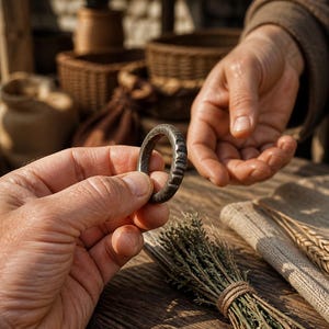 May include: A dark gray metal ring with a textured, notched outer surface. The ring has a thick, rounded band and a weathered, matte finish. It is held between fingers, showcasing the circular shape and the repeating indentations along the exterior.