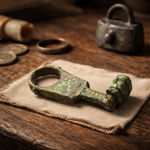 Puede incluir: Una llave antigua de bronce con un asa circular y un aspecto envejecido y texturizado. La llave descansa sobre un paño beige, con un pequeño candado y otros objetos vintage en el fondo. La llave muestra signos de oxidación y desgaste.