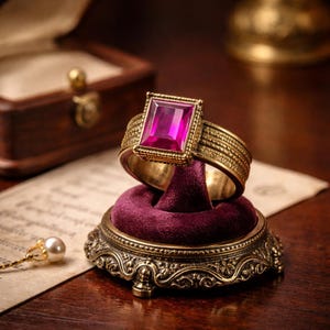 Könnte beinhalten: Ein goldfarbener Ring mit einem großen, rechteckigen, magentafarbenen Edelstein. Der Ring wird auf einem kleinen, verzierten, samtbezogenen Ständer präsentiert. Der Ring hat ein detailliertes Banddesign. Das Setting ist antik inspiriert.