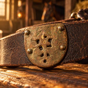 May include: A dark brown leather strap featuring a weathered, shield-shaped brass plate attached with four rivets. The brass plate displays a cutout cross-like design with a textured, aged patina finish, secured firmly onto the thick leather material.