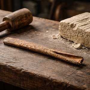 May include: A close-up shot of woodworking tools on a wooden surface. A weathered, rusty chisel lies in the foreground, with a wooden mallet and a block of stone in the background. The tools suggest craftsmanship and manual labor.
