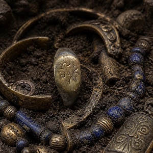 May include: A weathered metal ring featuring an engraved symbol stands upright among various antique artifacts, including a curved metal band, a rectangular pendant with intricate patterns, and a strand of deep blue spherical beads.