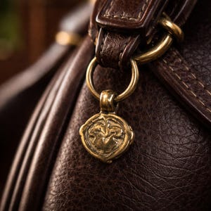 May include: Close-up of a brown leather bag with a gold-colored metal charm. The charm is attached to a ring and features a detailed embossed design. The leather has visible texture and stitching.